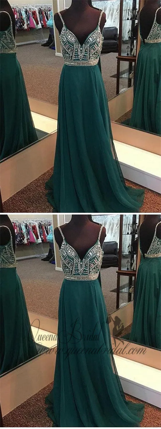 A-line V-neck Spaghetti Strap Green Chiffon Long Beaded Prom Dresses, QB0311