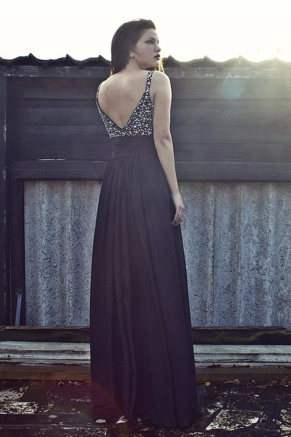 A-line Wide Strap Floor Length Chiffon Rhinestone Backless Prom Dress