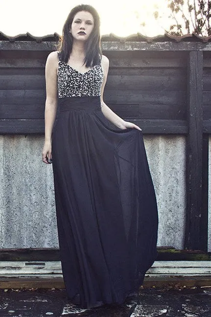 A-line Wide Strap Floor Length Chiffon Rhinestone Backless Prom Dress