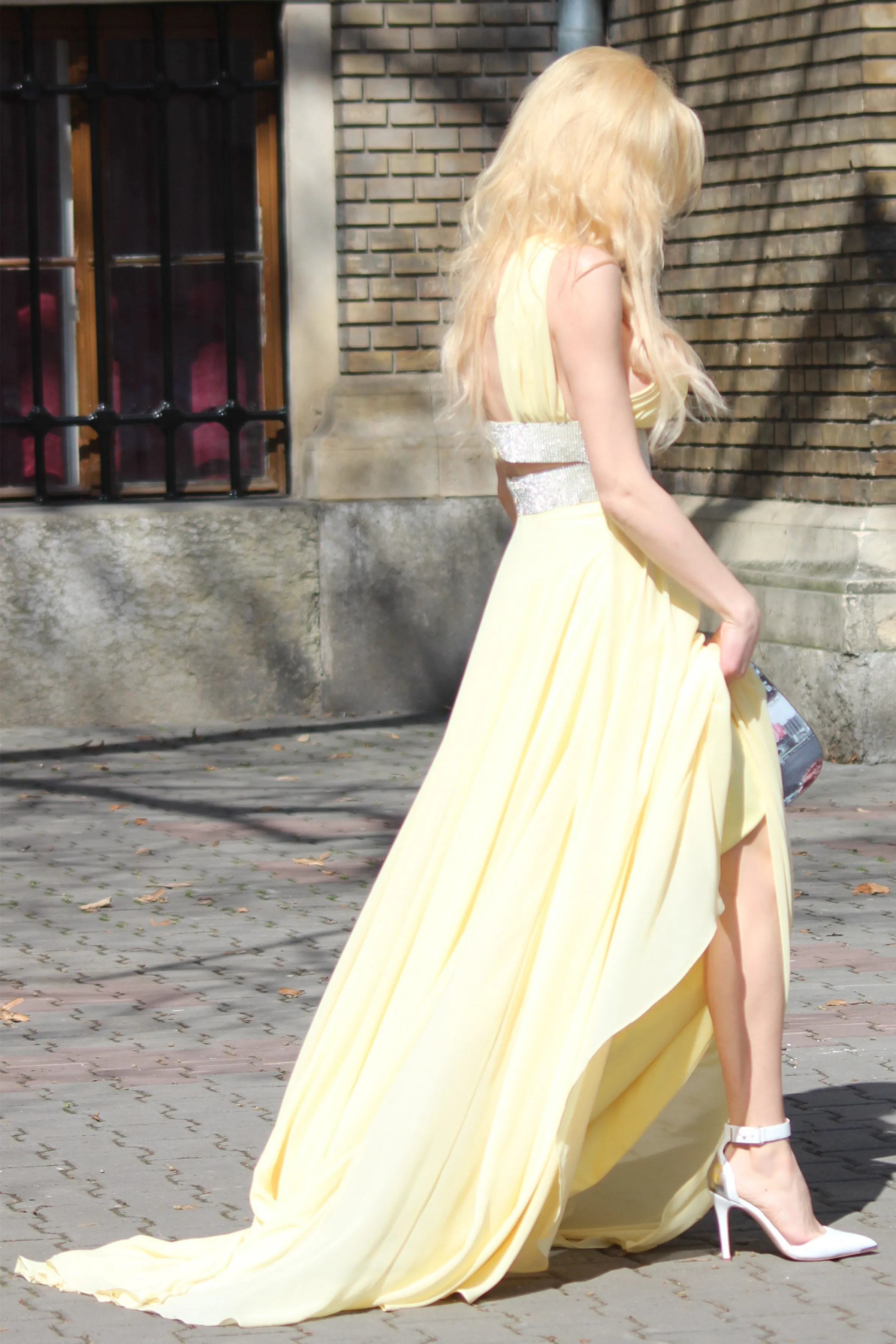 A-line Wide Strap V-neck Floor Length Chiffon Paillette Backless Prom Dress