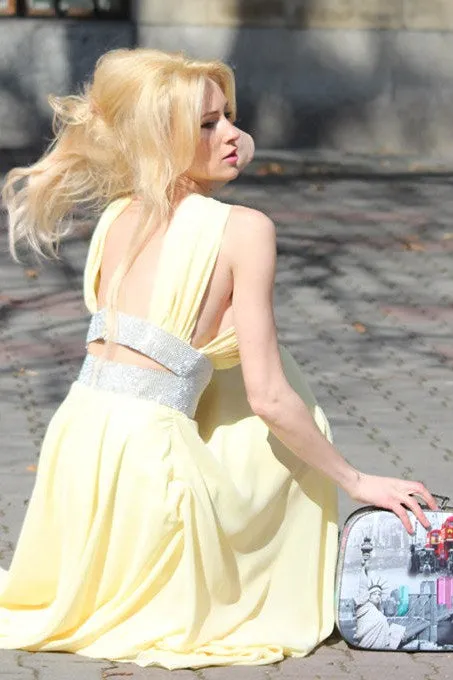 A-line Wide Strap V-neck Floor Length Chiffon Paillette Backless Prom Dress