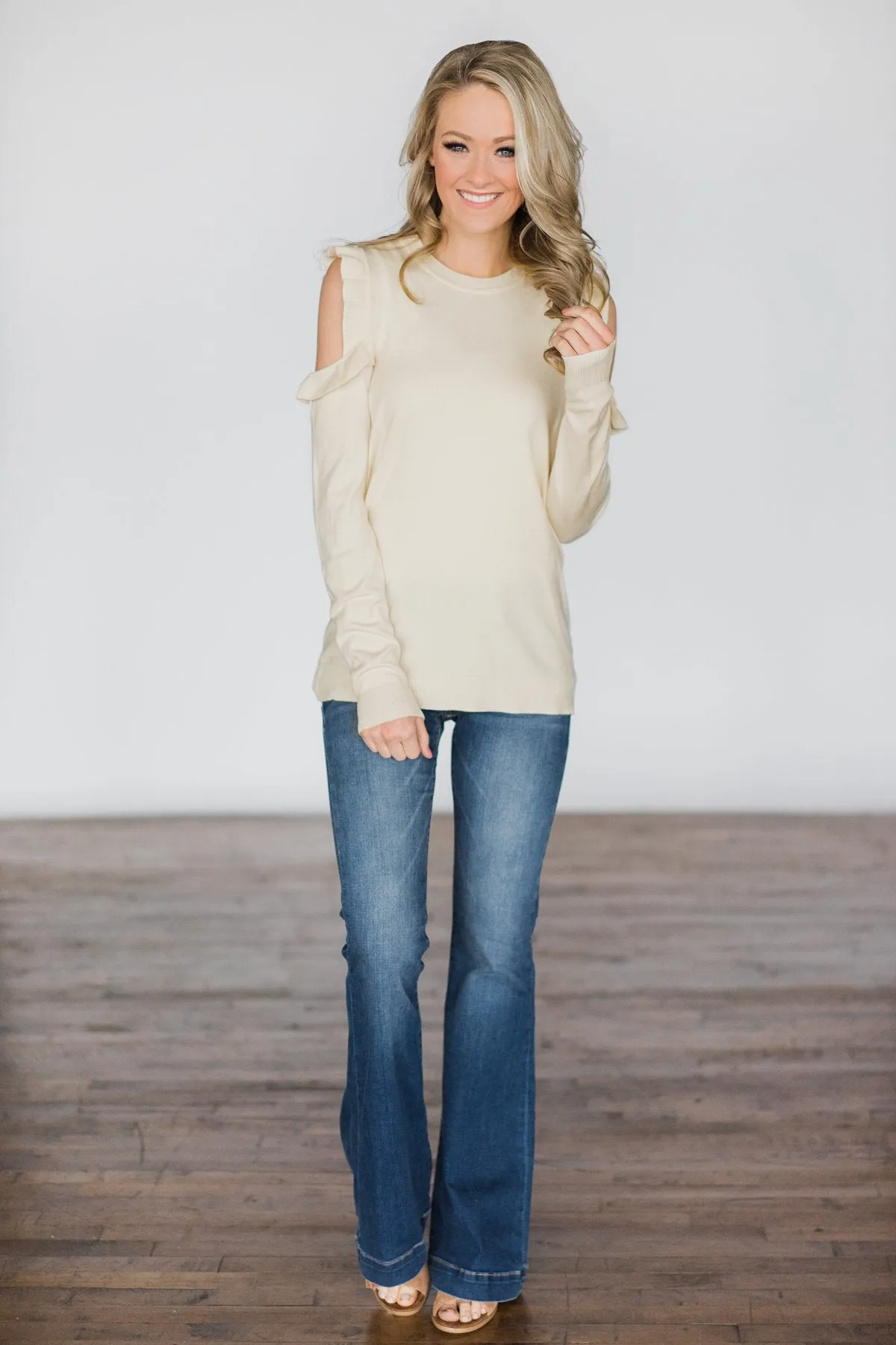 All Ruffled Up Cream Cold Shoulder Top