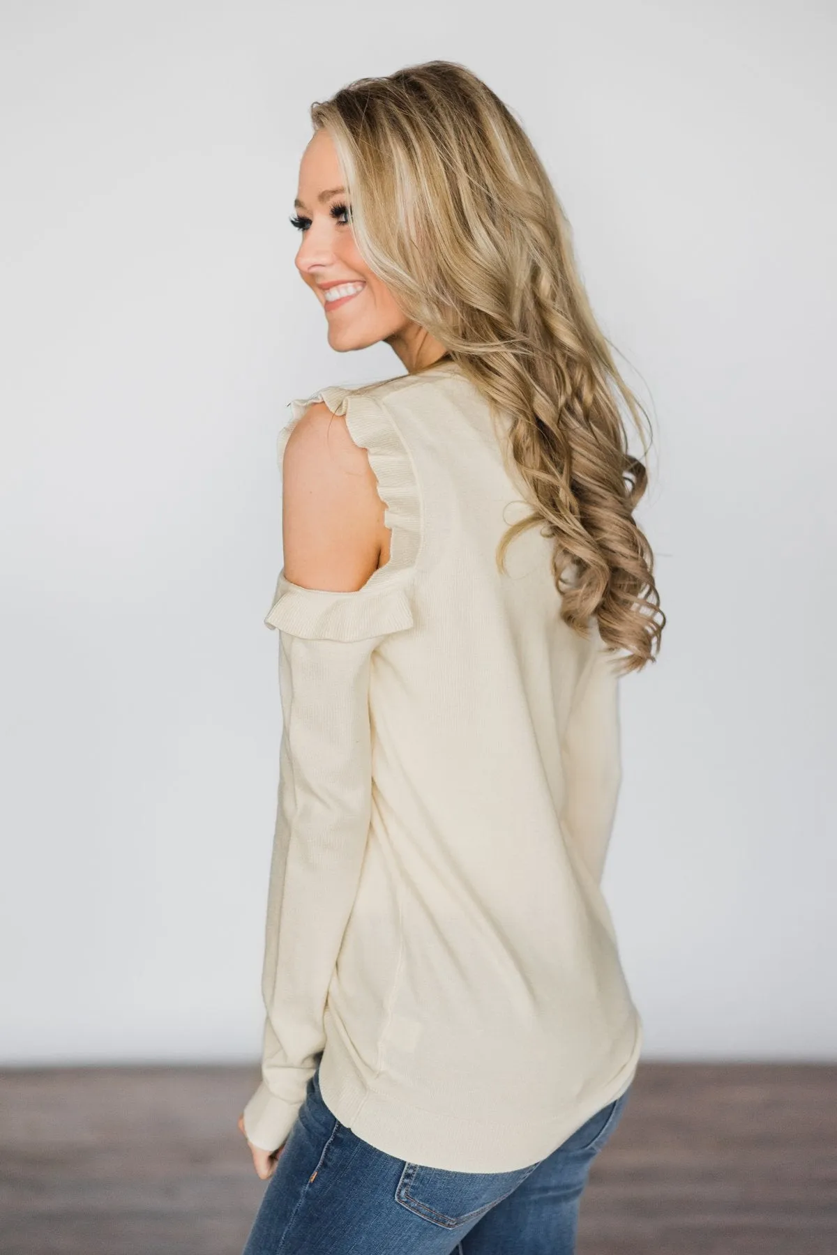 All Ruffled Up Cream Cold Shoulder Top