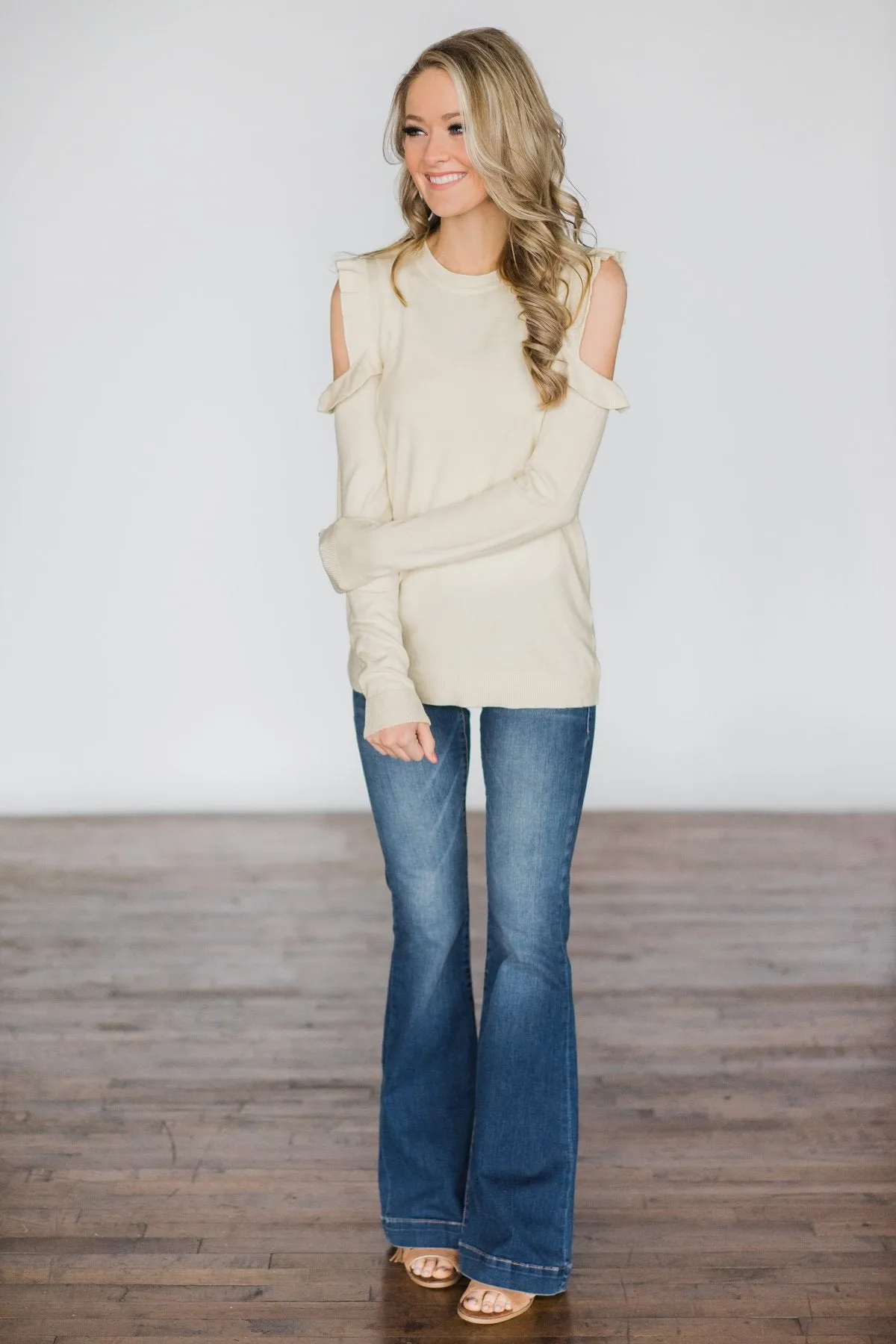 All Ruffled Up Cream Cold Shoulder Top