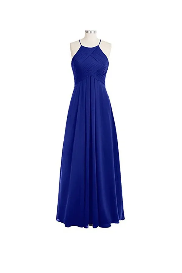 Anneprom Simple A-Line O-Back Long Chiffon Halter Bridesmaid Dresses APB0054