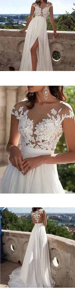 Anneprom Top Lace Appliques Side Slit Chiffon Cheap Party Evening Prom Dresses APP0165