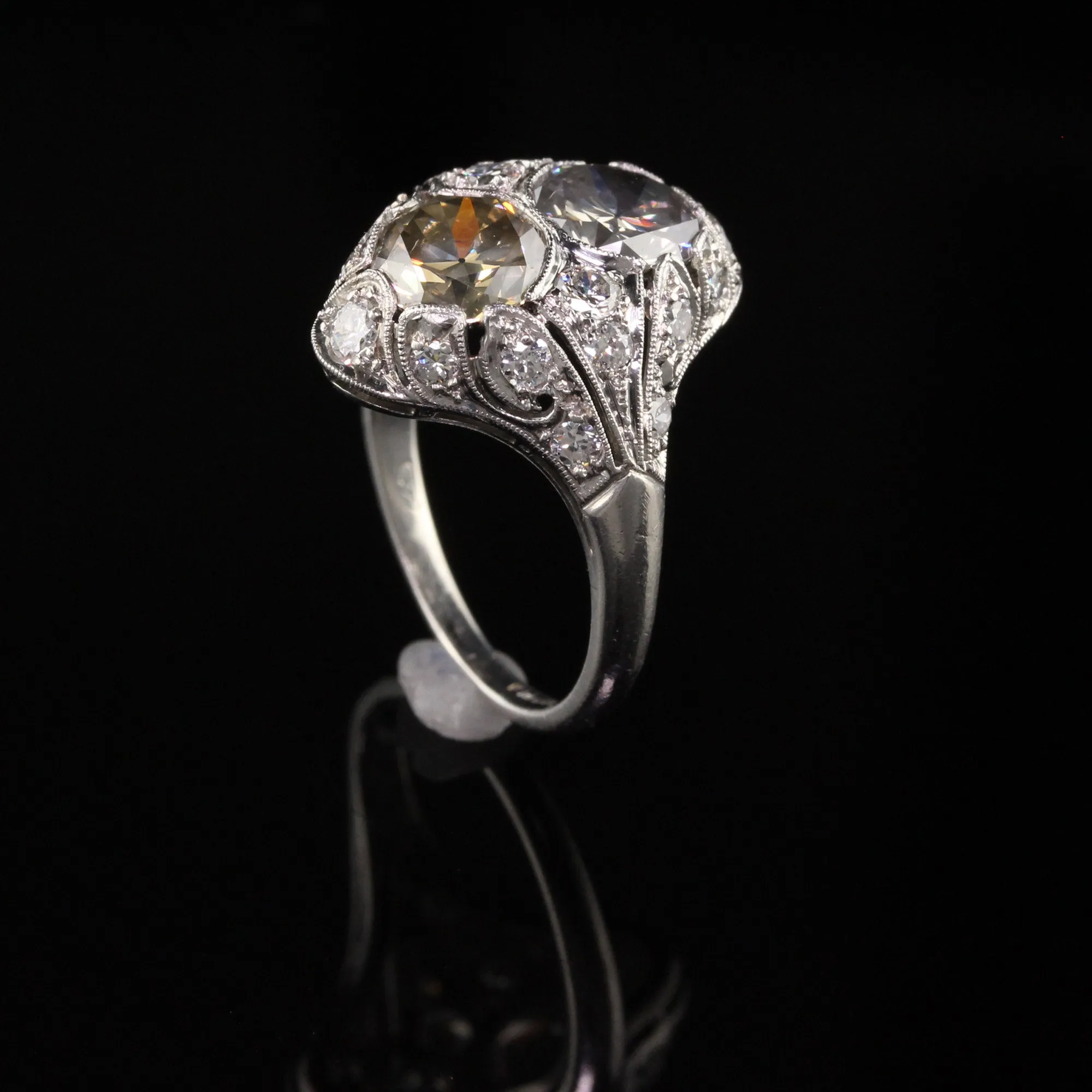 Antique Art Deco Platinum Fancy Colored Diamond Two Stone Toi et Moi Engagement Ring