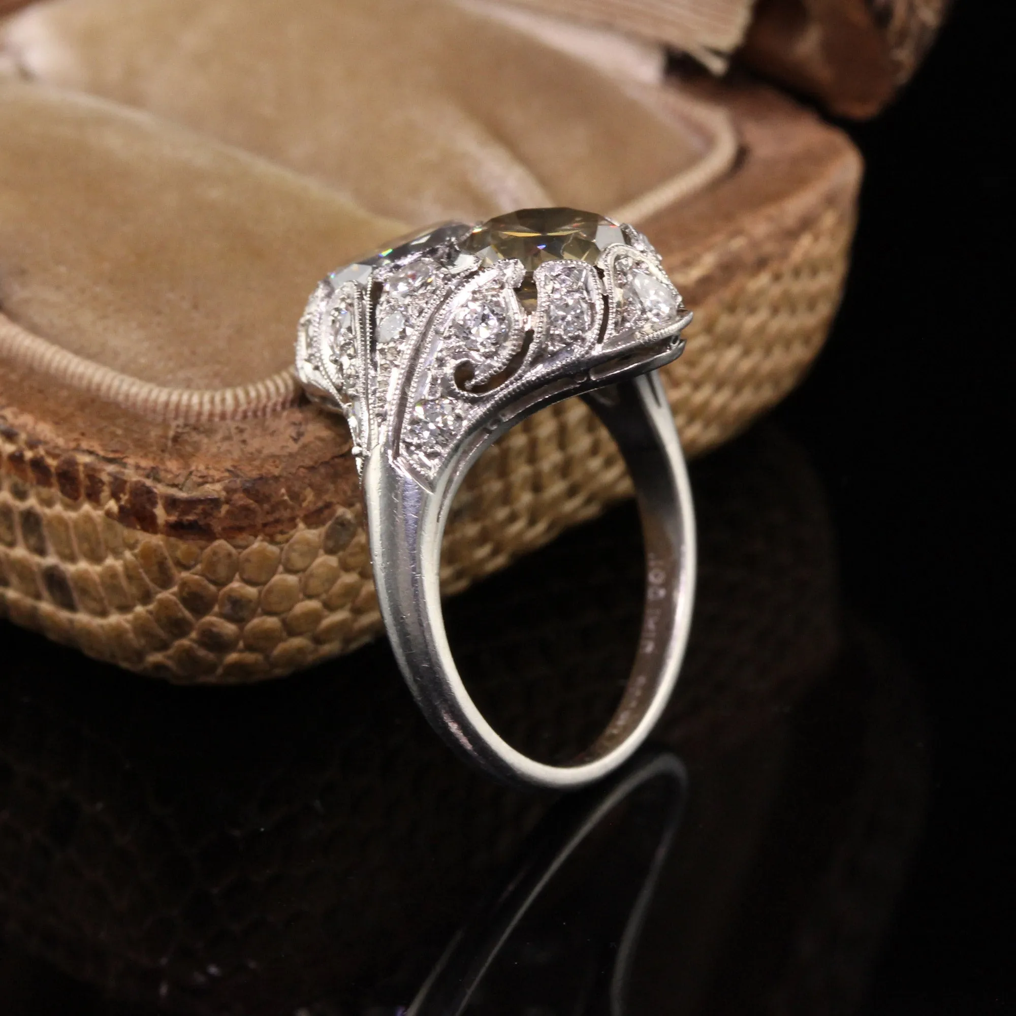 Antique Art Deco Platinum Fancy Colored Diamond Two Stone Toi et Moi Engagement Ring