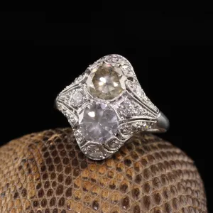 Antique Art Deco Platinum Fancy Colored Diamond Two Stone Toi et Moi Engagement Ring