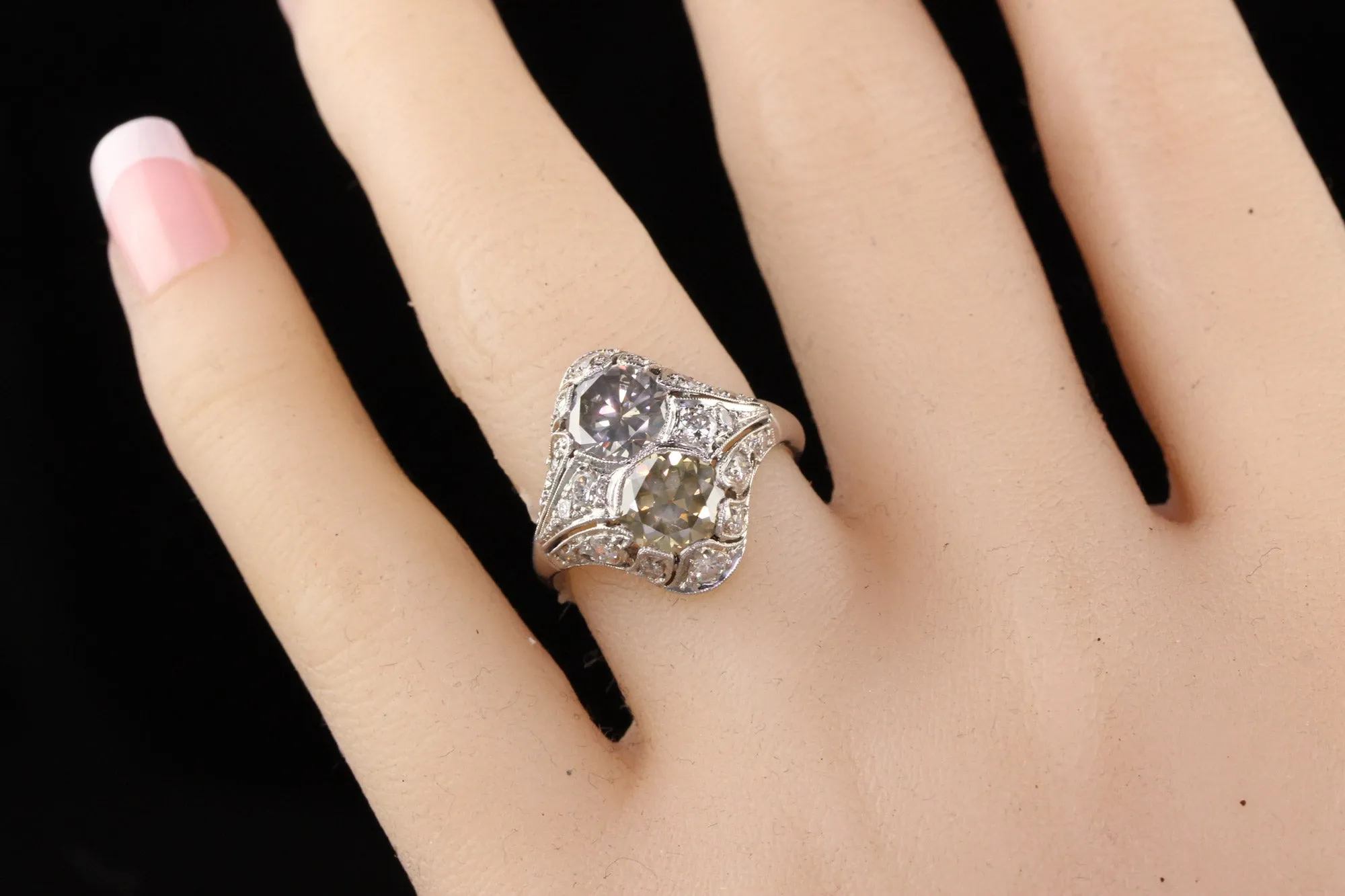 Antique Art Deco Platinum Fancy Colored Diamond Two Stone Toi et Moi Engagement Ring