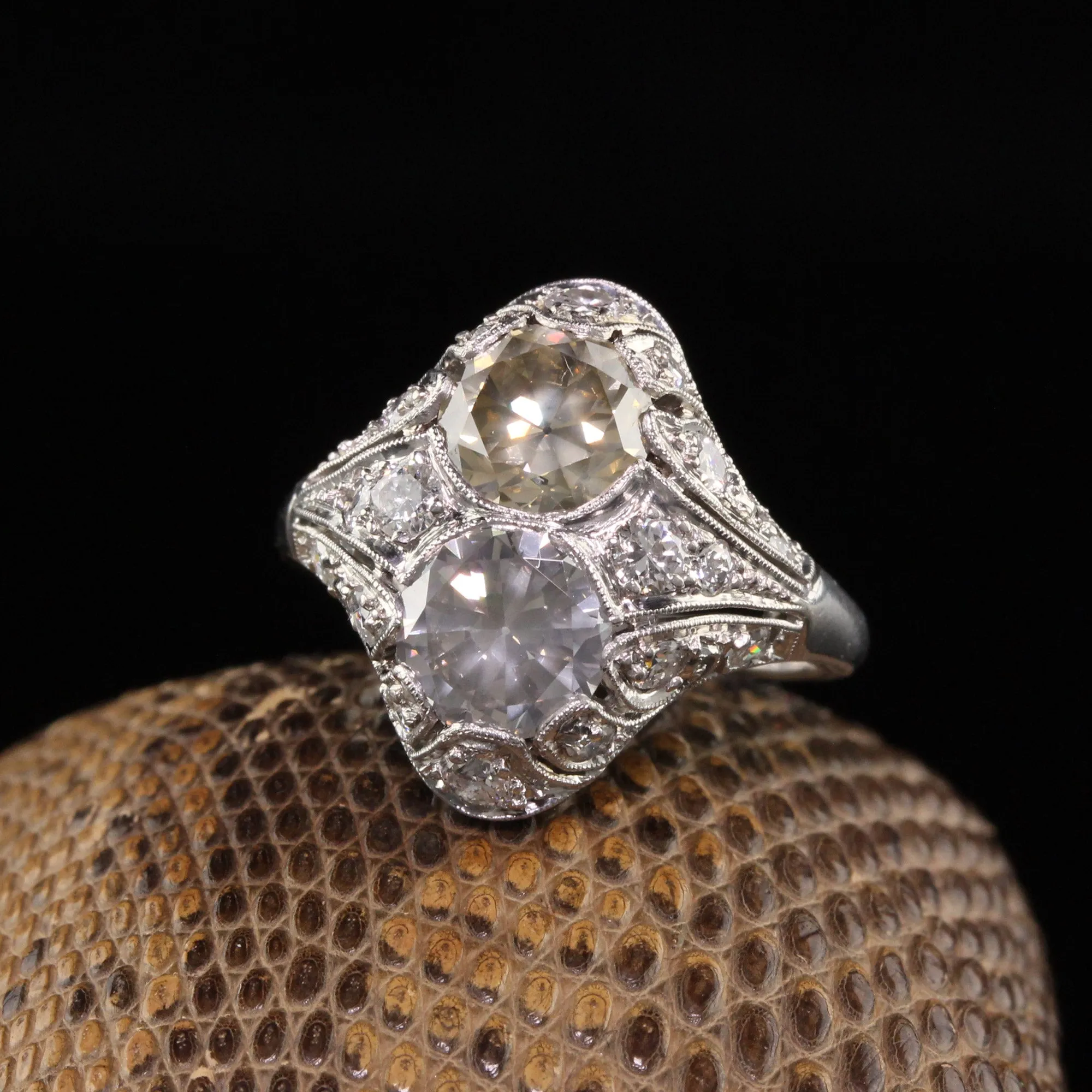 Antique Art Deco Platinum Fancy Colored Diamond Two Stone Toi et Moi Engagement Ring