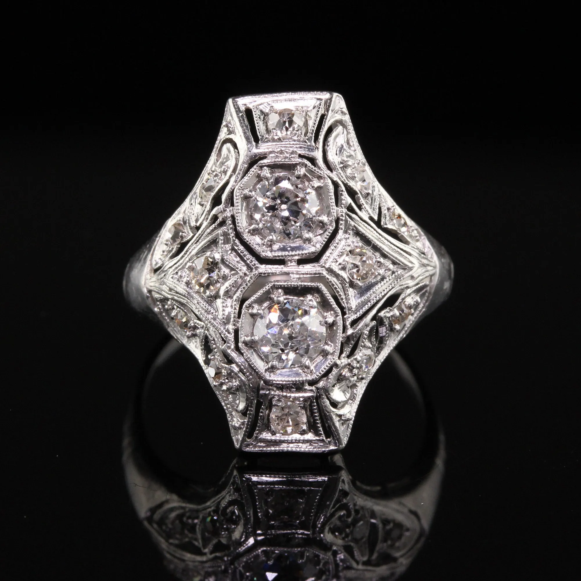 Antique Art Deco Platinum Two Stone Diamond Filigree Shield Ring