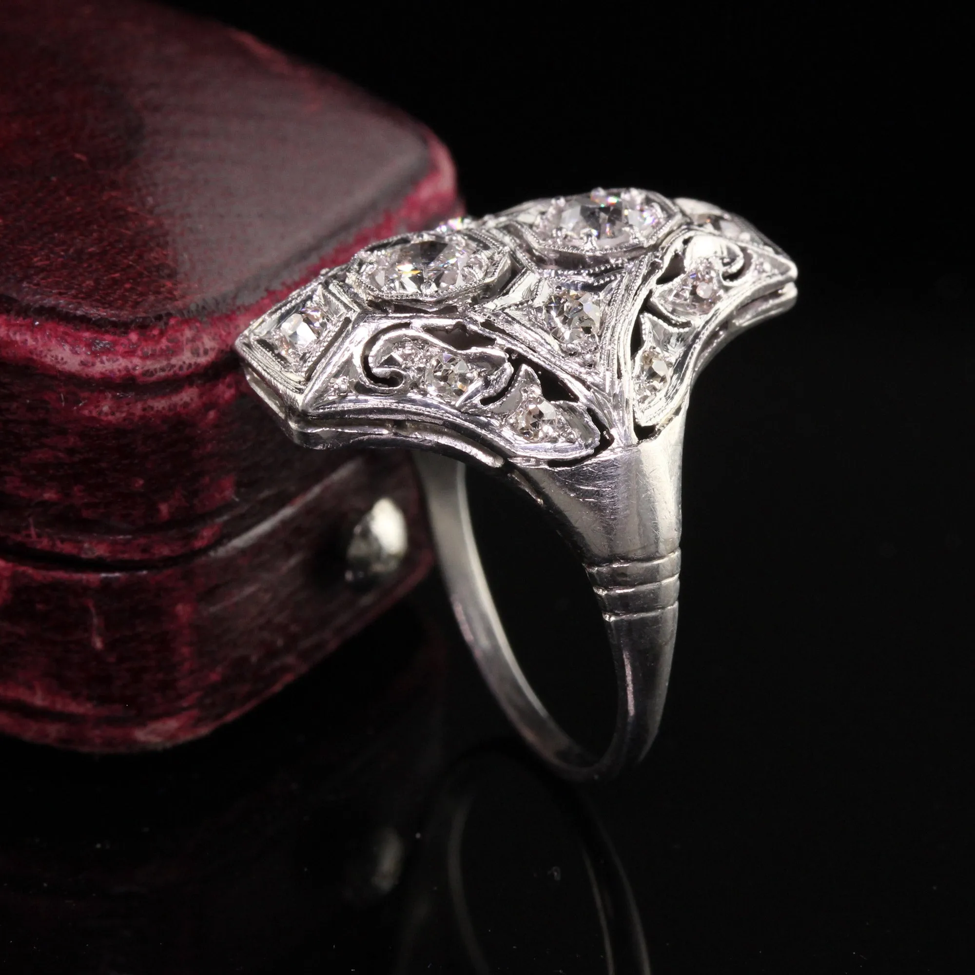 Antique Art Deco Platinum Two Stone Diamond Filigree Shield Ring