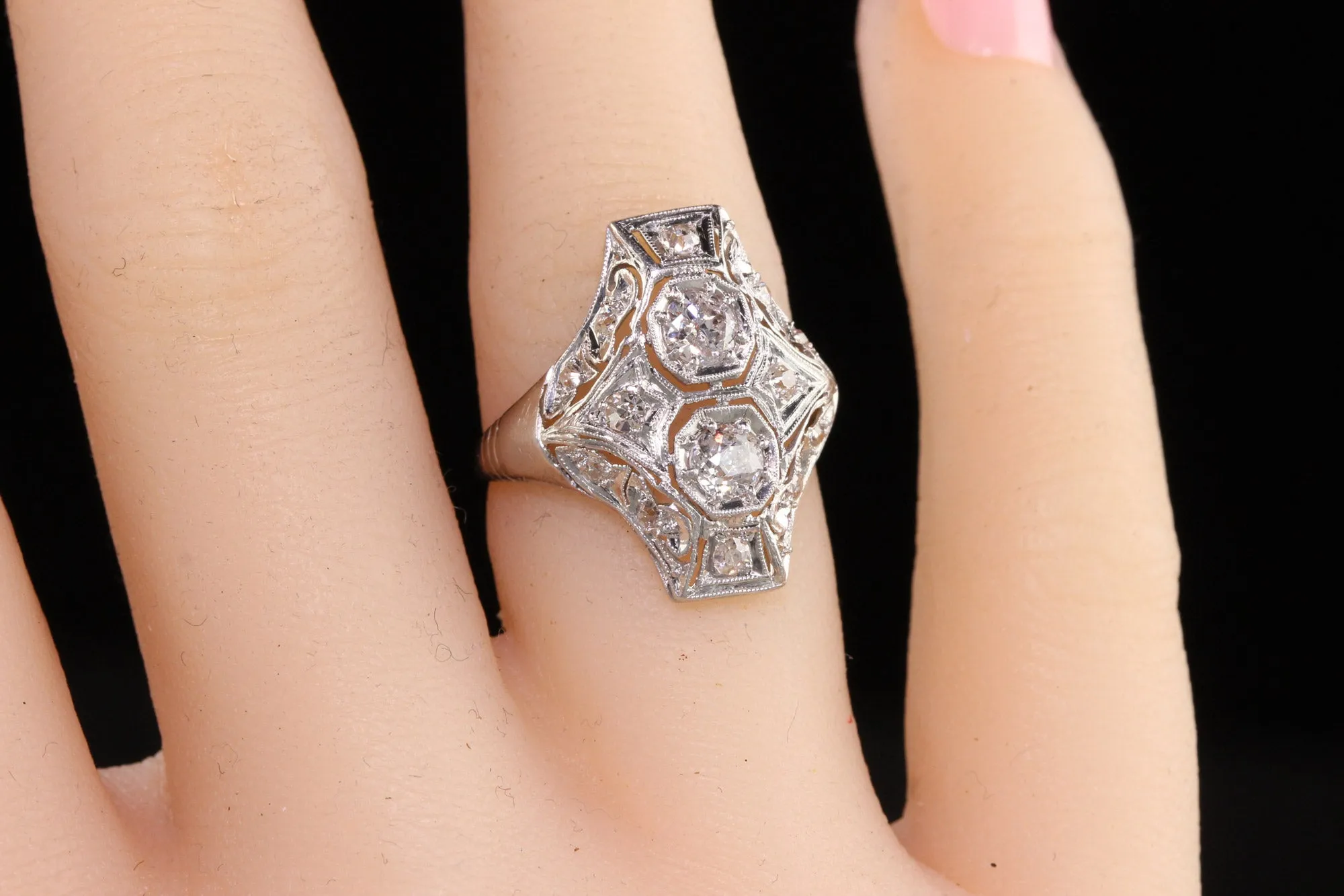 Antique Art Deco Platinum Two Stone Diamond Filigree Shield Ring