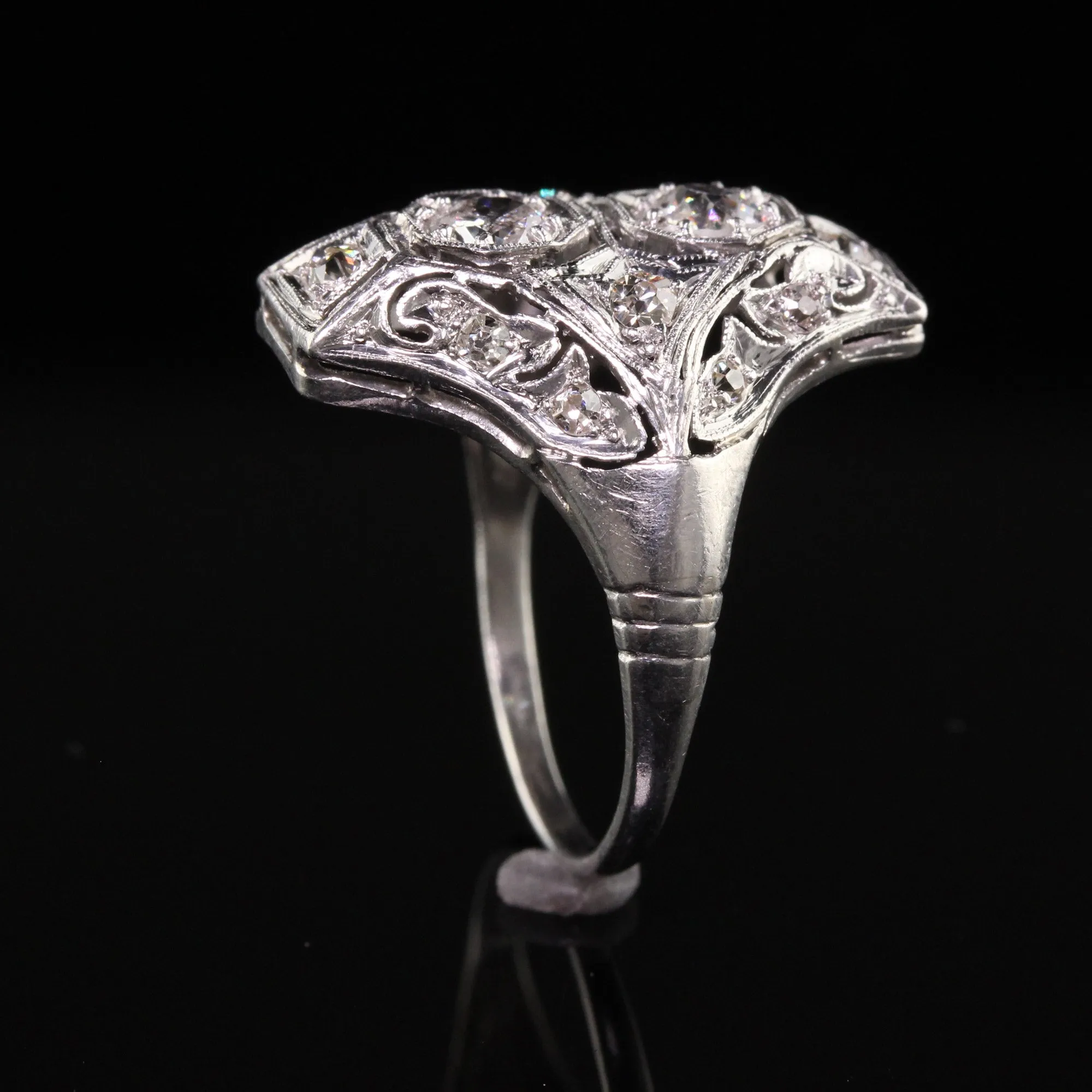 Antique Art Deco Platinum Two Stone Diamond Filigree Shield Ring