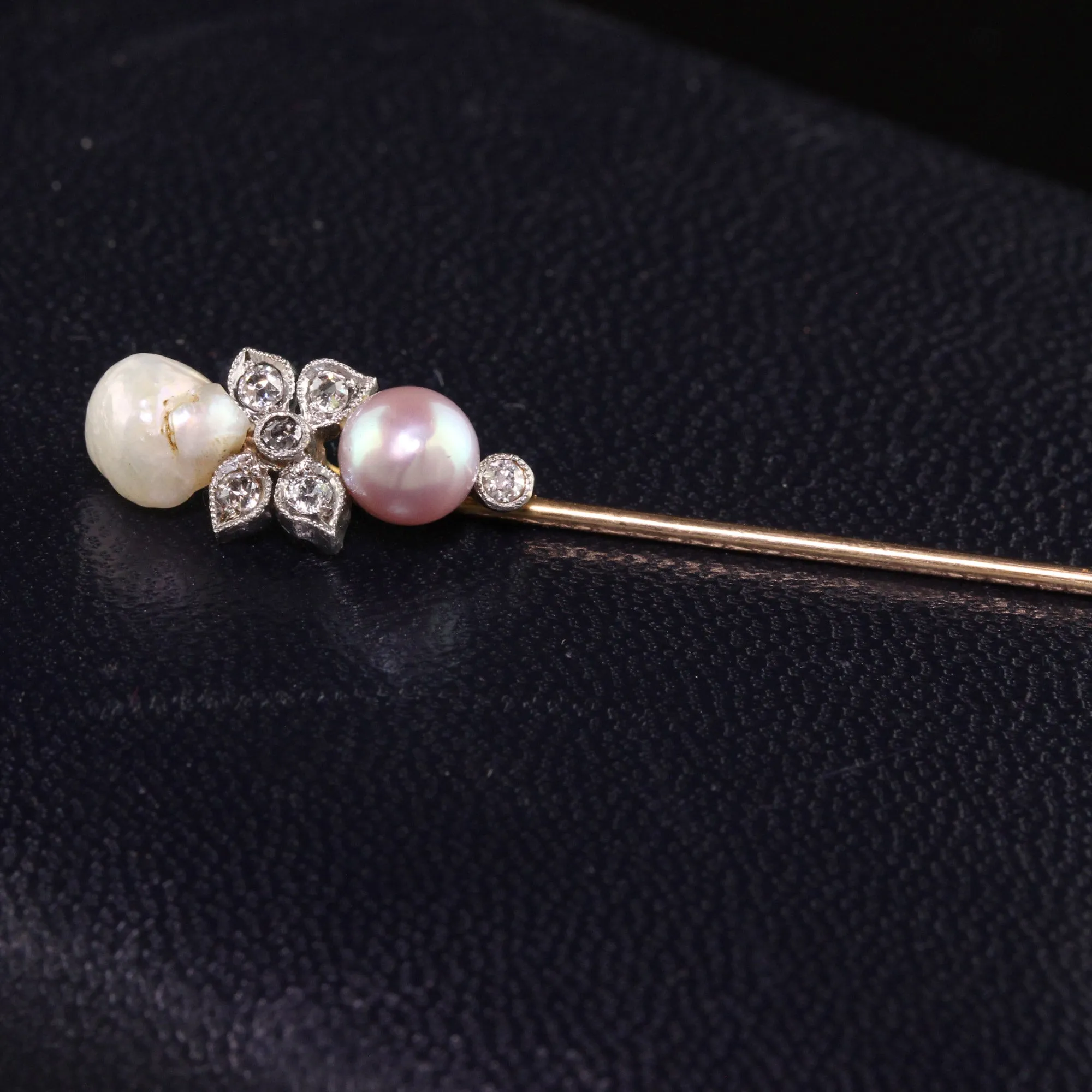 Antique Edwardian 14K Yellow Gold and Platinum Natural Pearl Diamond Stick Pin