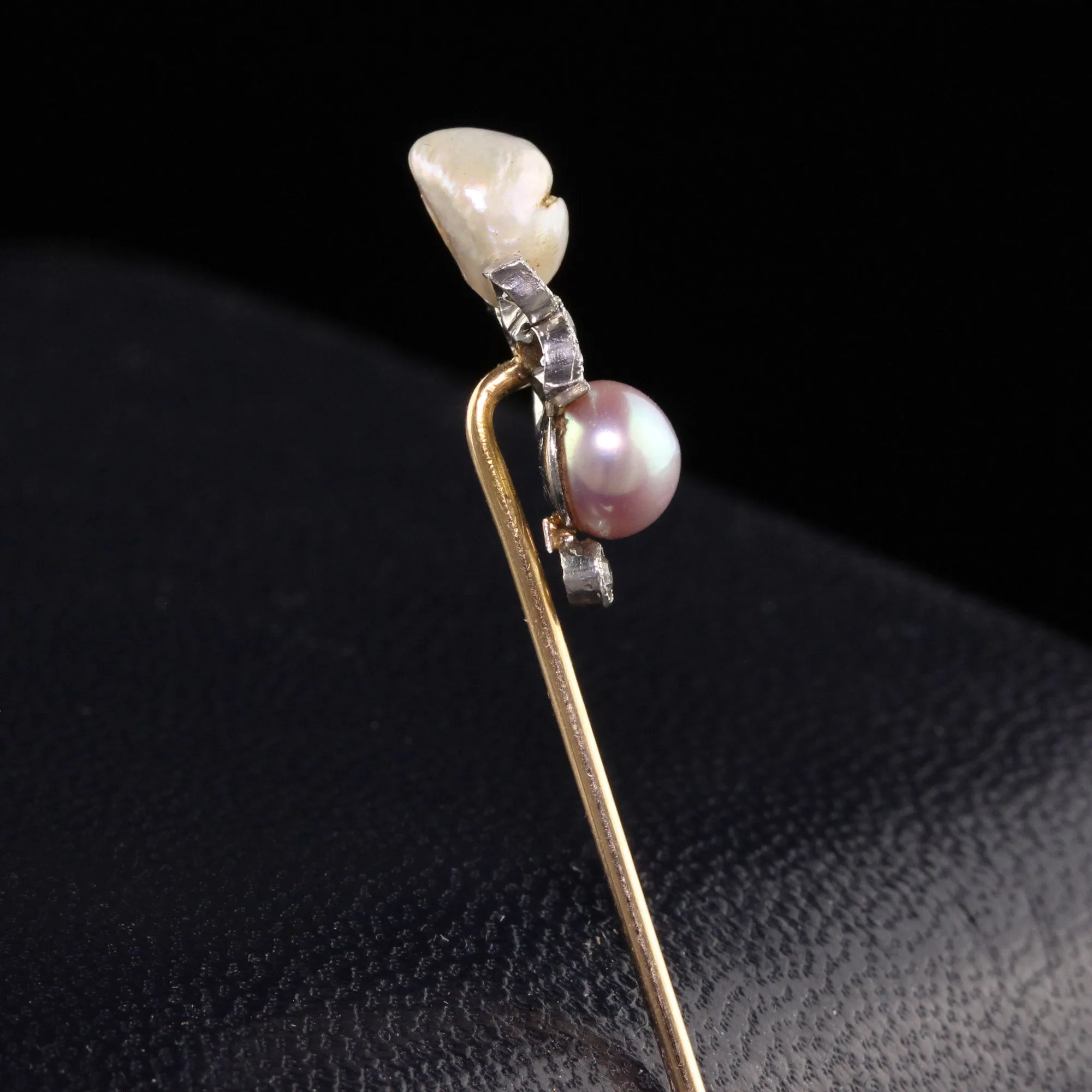 Antique Edwardian 14K Yellow Gold and Platinum Natural Pearl Diamond Stick Pin