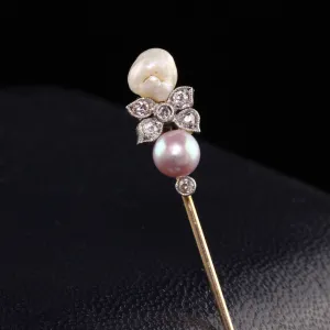 Antique Edwardian 14K Yellow Gold and Platinum Natural Pearl Diamond Stick Pin