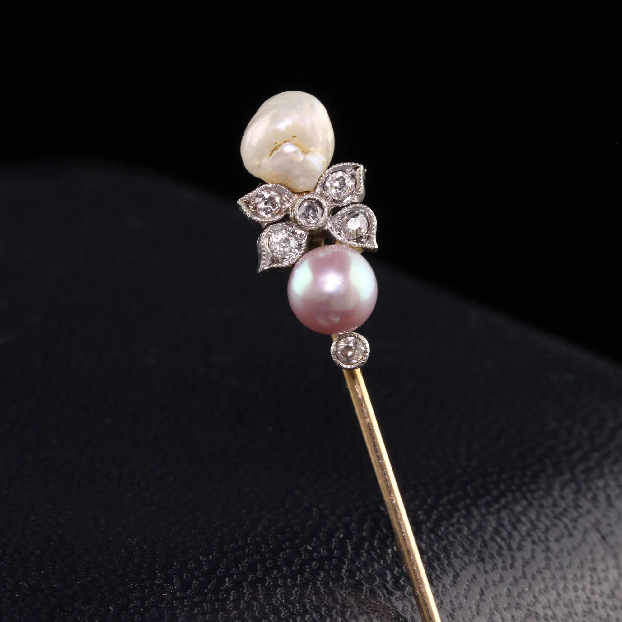 Antique Edwardian 14K Yellow Gold and Platinum Natural Pearl Diamond Stick Pin