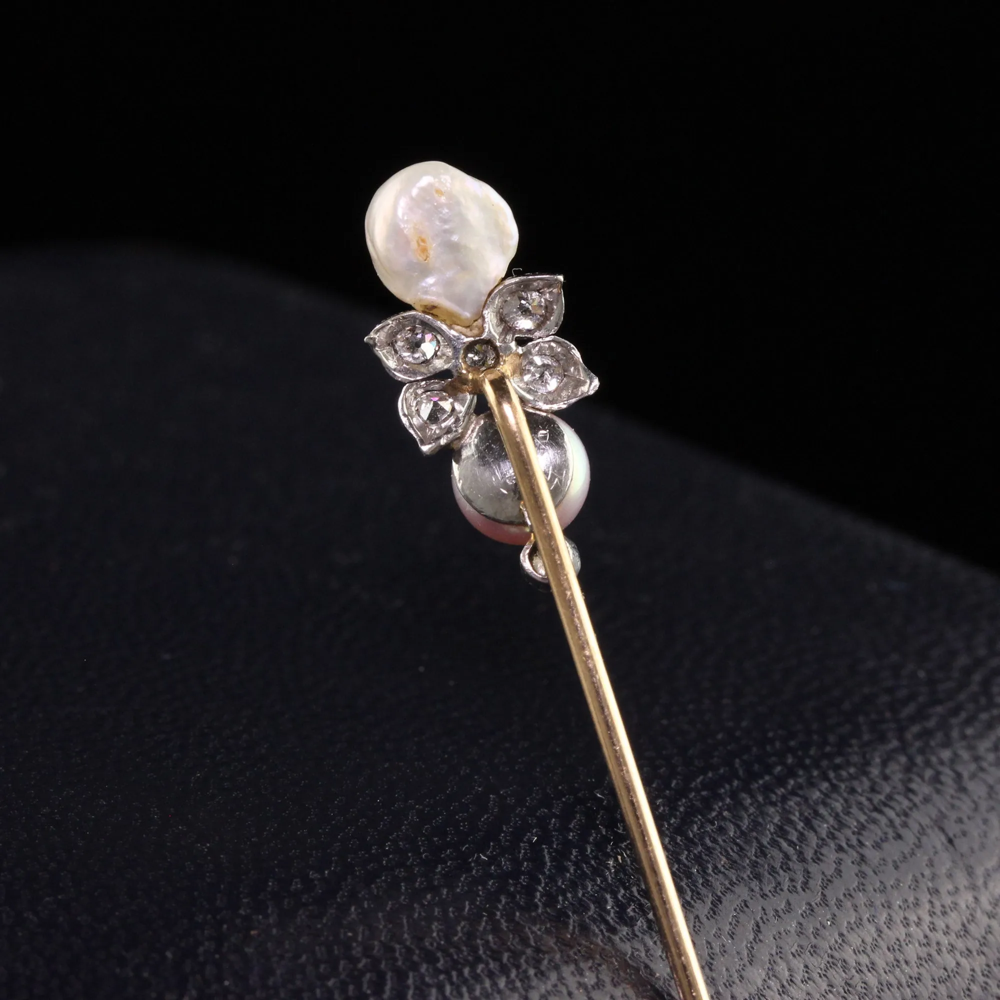 Antique Edwardian 14K Yellow Gold and Platinum Natural Pearl Diamond Stick Pin