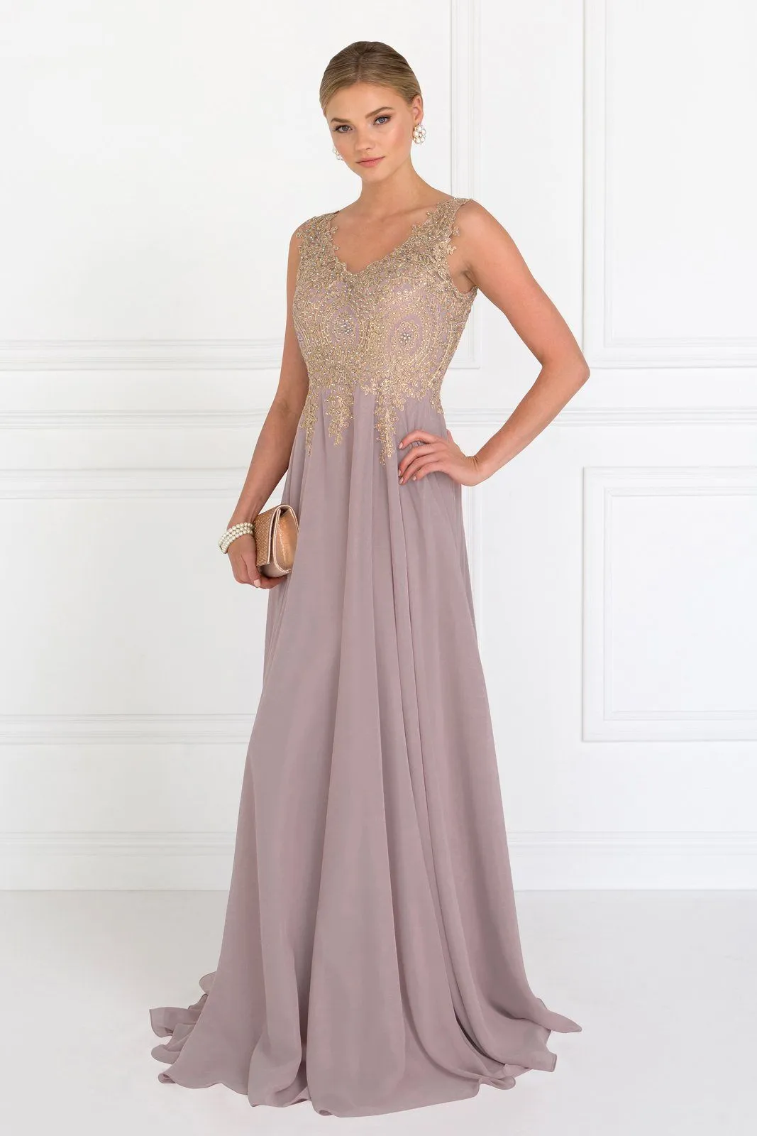 Applique Long V-Neck Dress by Elizabeth K GL2311