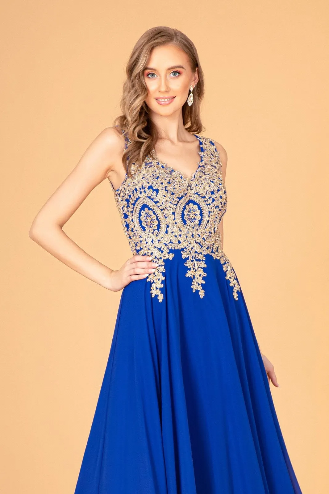Applique Long V-Neck Dress by Elizabeth K GL2311