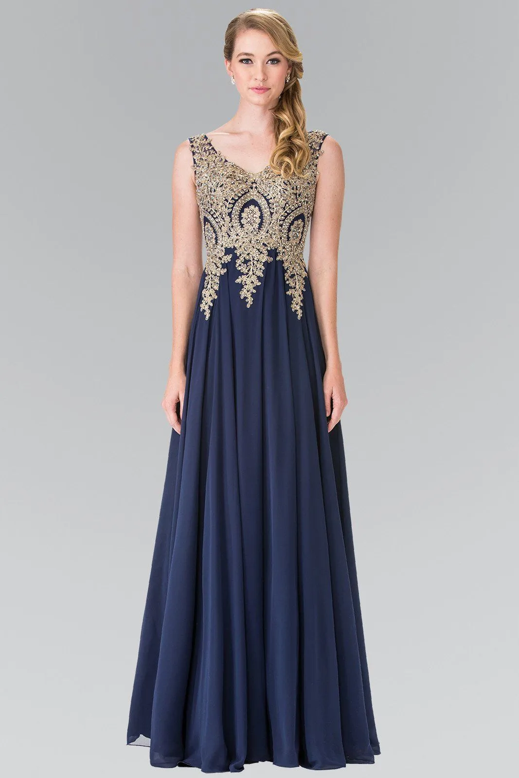Applique Long V-Neck Dress by Elizabeth K GL2311