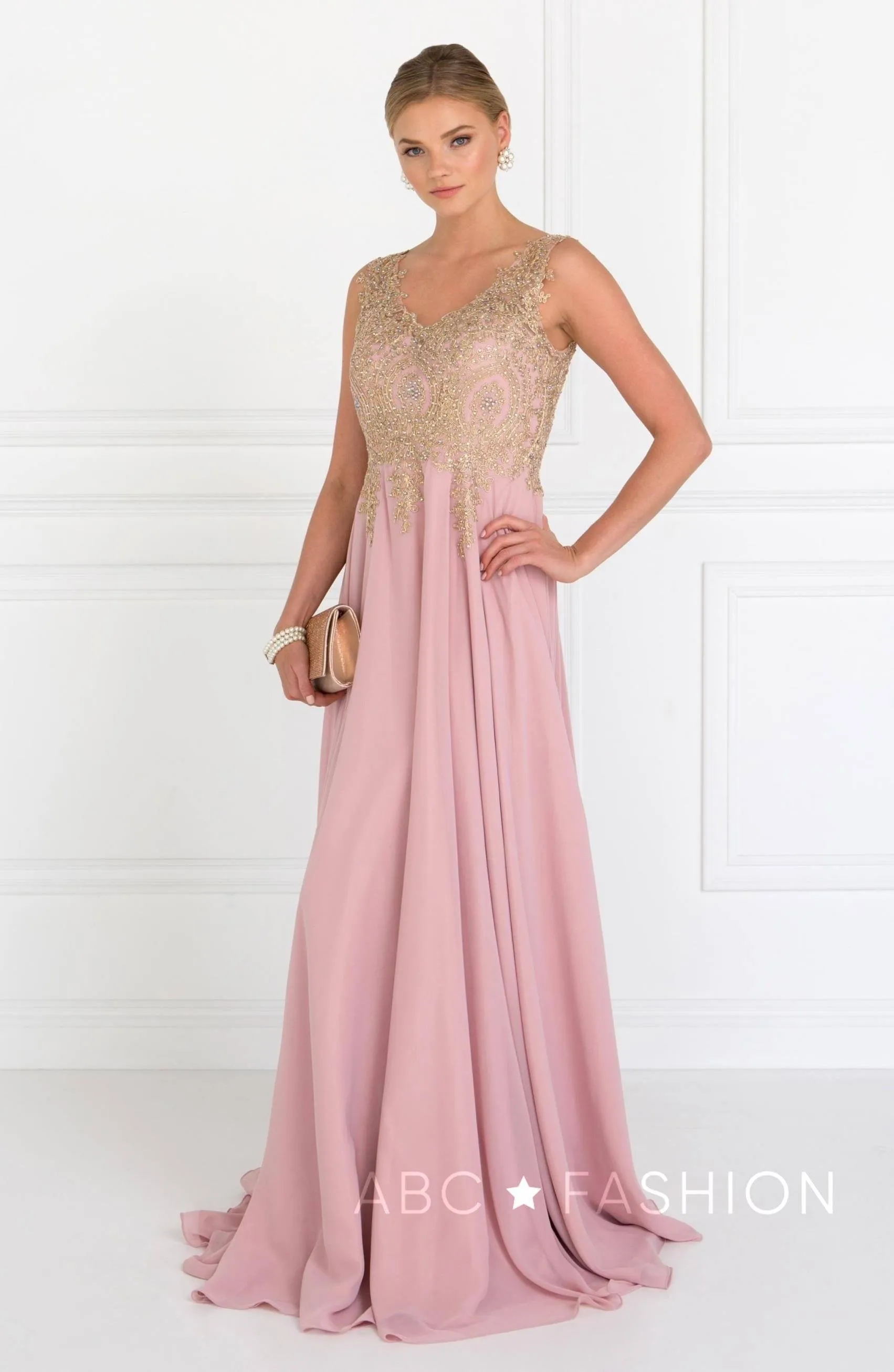Applique Long V-Neck Dress by Elizabeth K GL2311