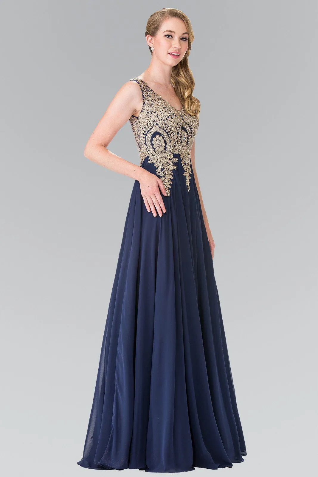 Applique Long V-Neck Dress by Elizabeth K GL2311