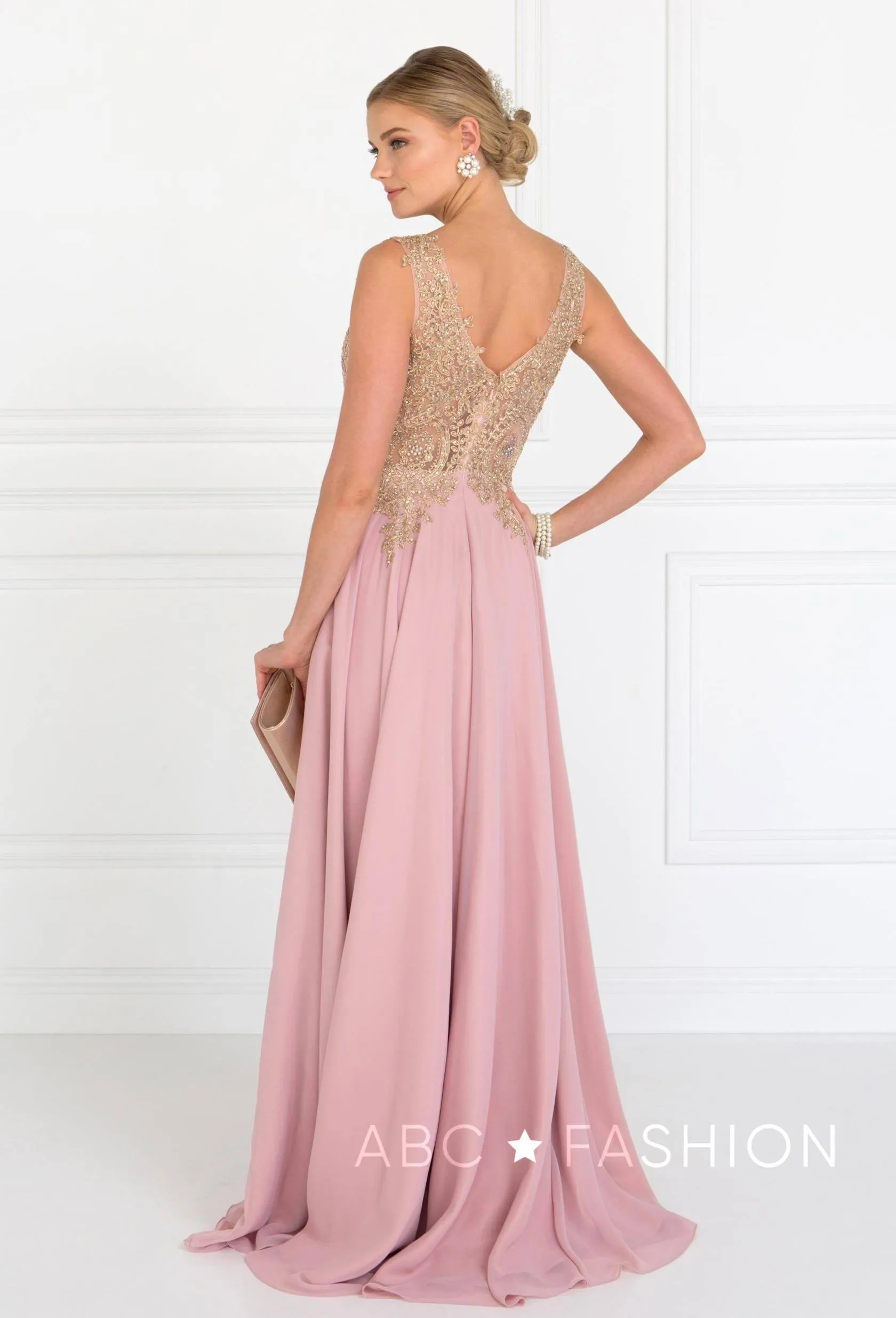 Applique Long V-Neck Dress by Elizabeth K GL2311