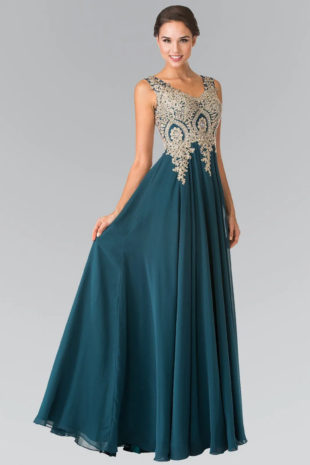 Applique Long V-Neck Dress by Elizabeth K GL2311