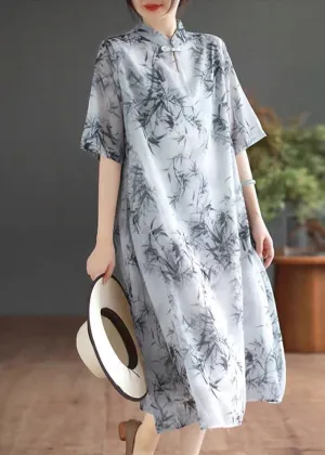 Art Mandarin Collar Bamboo Print Chiffon Dress Summer