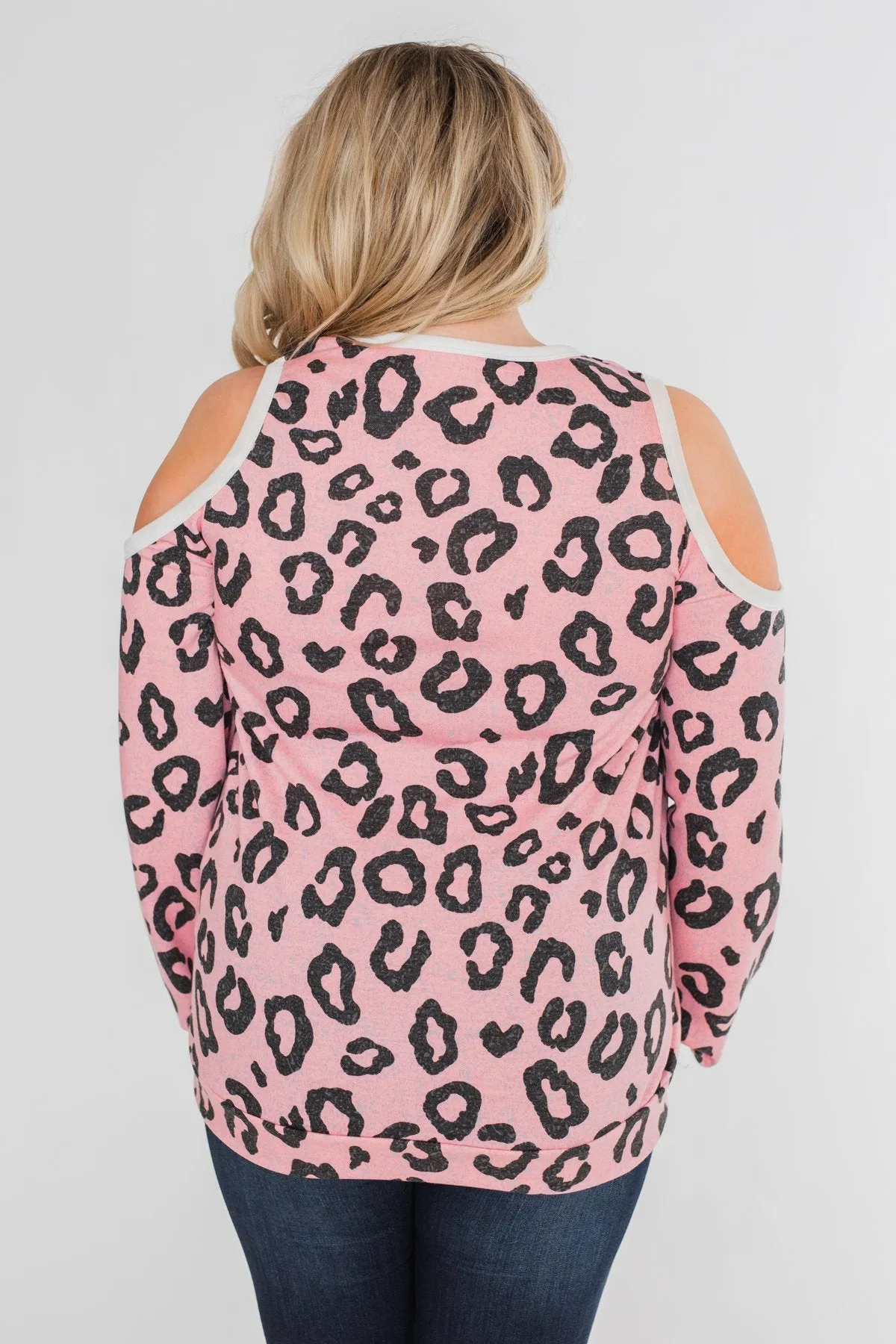 Attention On You Leopard Cold Shoulder Top- Pink