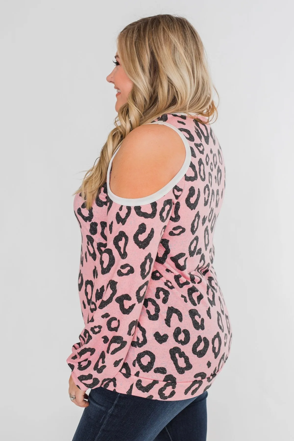Attention On You Leopard Cold Shoulder Top- Pink