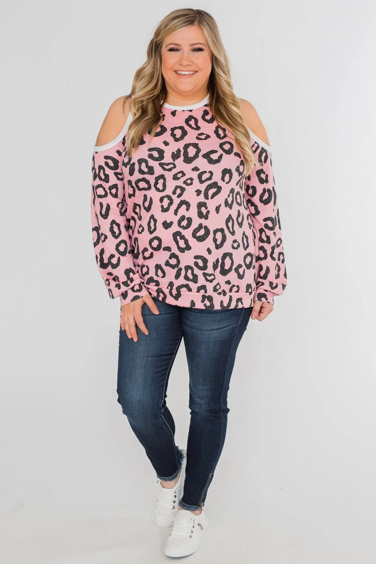 Attention On You Leopard Cold Shoulder Top- Pink