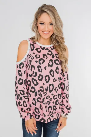 Attention On You Leopard Cold Shoulder Top- Pink