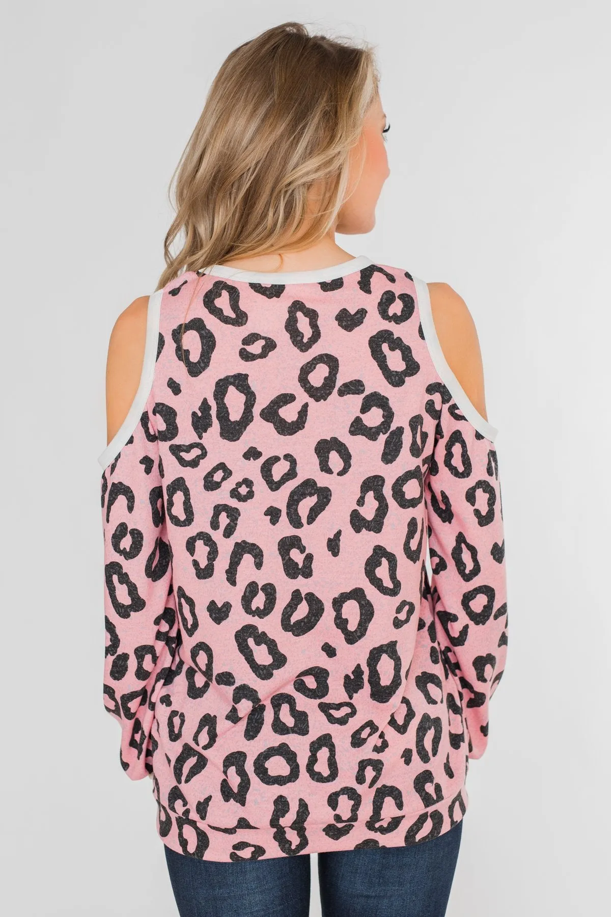 Attention On You Leopard Cold Shoulder Top- Pink