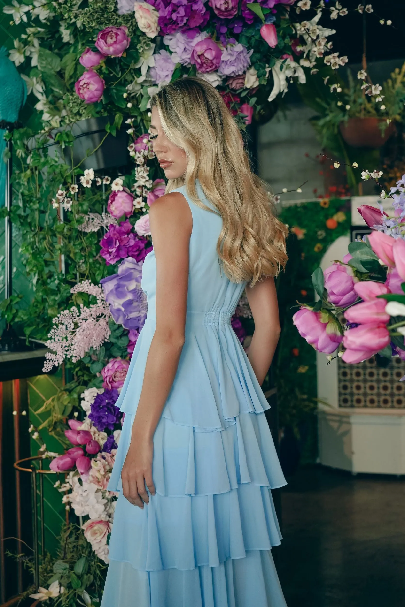 Baby Blue Layered Chiffon Midi Dress