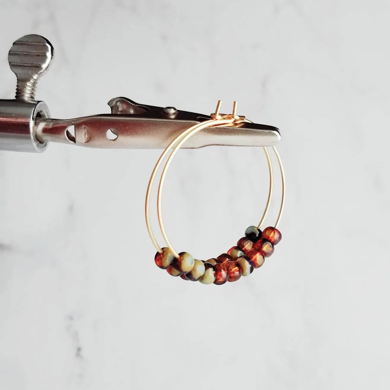 Beaded Hoop Earrings - tortoise glass on delicate thin gold circles in brown/sage olive green, dainty simple earring, everyday jewelry