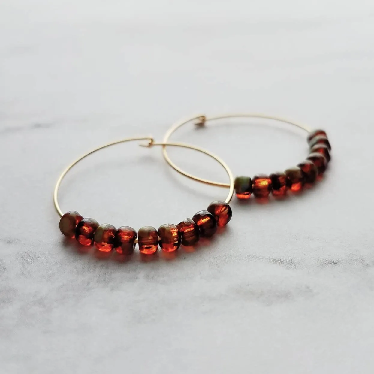Beaded Hoop Earrings - tortoise glass on delicate thin gold circles in brown/sage olive green, dainty simple earring, everyday jewelry