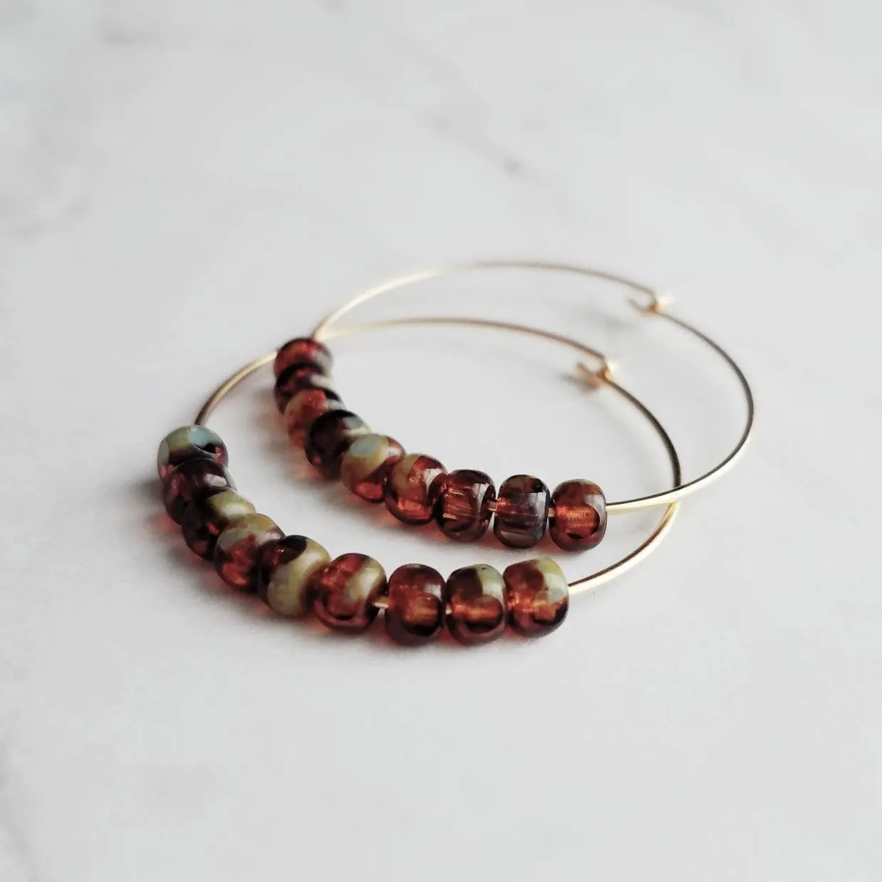 Beaded Hoop Earrings - tortoise glass on delicate thin gold circles in brown/sage olive green, dainty simple earring, everyday jewelry