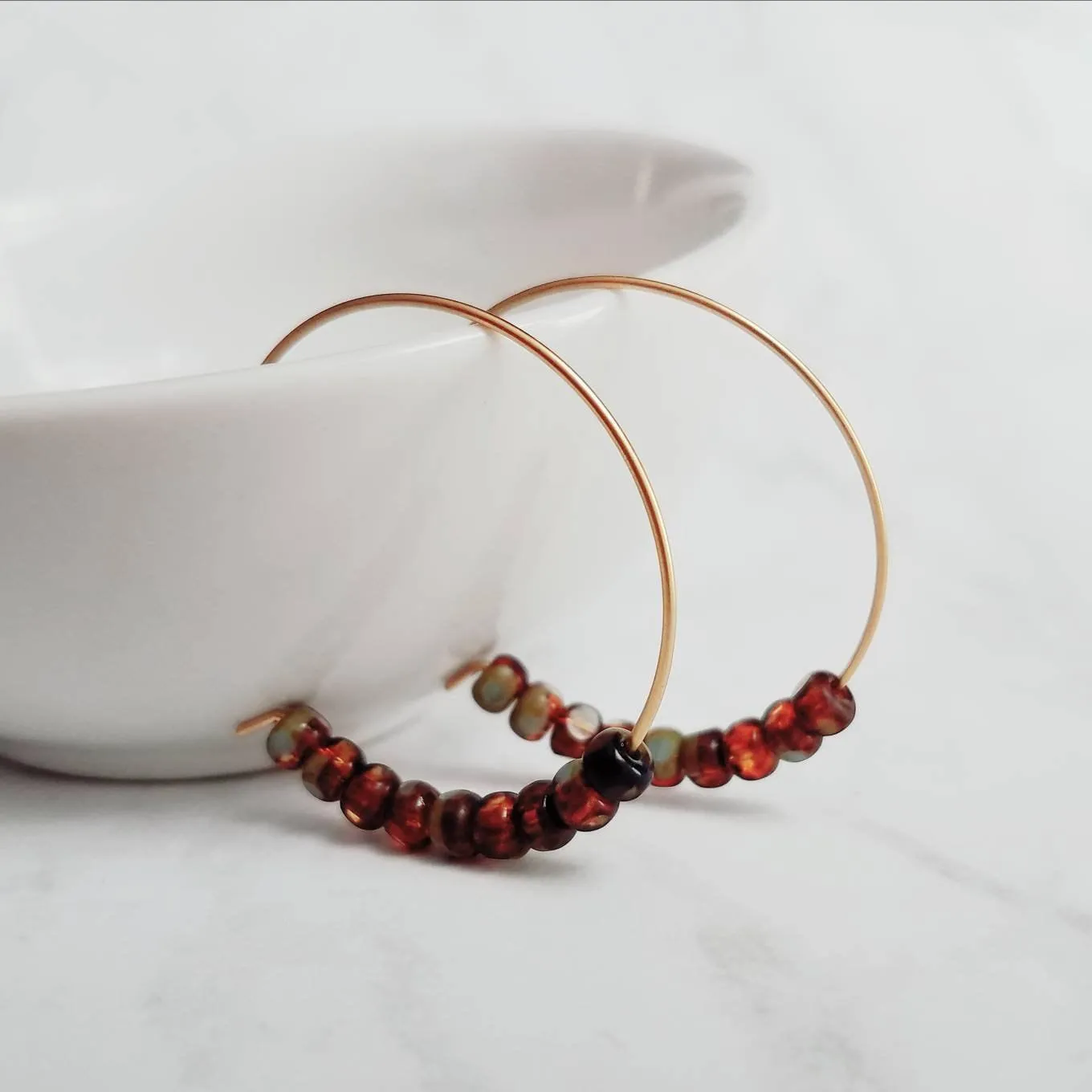 Beaded Hoop Earrings - tortoise glass on delicate thin gold circles in brown/sage olive green, dainty simple earring, everyday jewelry
