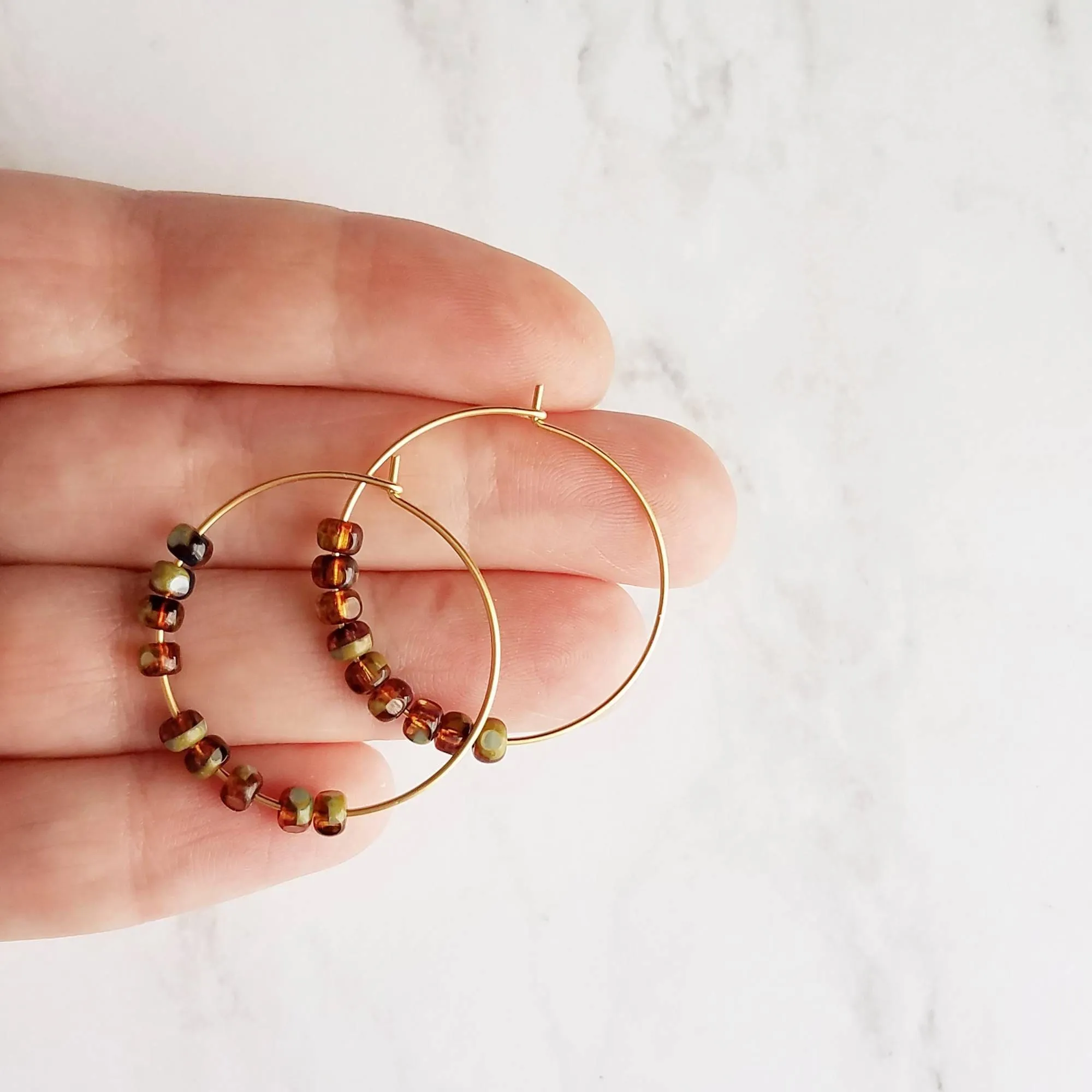 Beaded Hoop Earrings - tortoise glass on delicate thin gold circles in brown/sage olive green, dainty simple earring, everyday jewelry