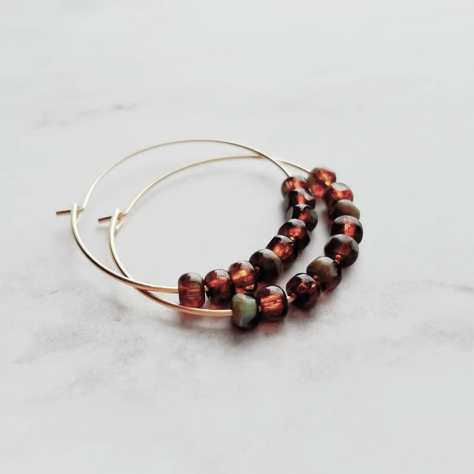 Beaded Hoop Earrings - tortoise glass on delicate thin gold circles in brown/sage olive green, dainty simple earring, everyday jewelry