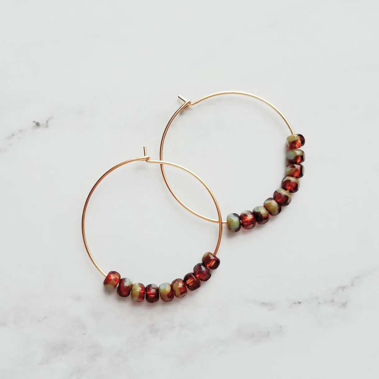 Beaded Hoop Earrings - tortoise glass on delicate thin gold circles in brown/sage olive green, dainty simple earring, everyday jewelry