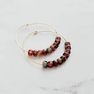 Beaded Hoop Earrings - tortoise glass on delicate thin gold circles in brown/sage olive green, dainty simple earring, everyday jewelry