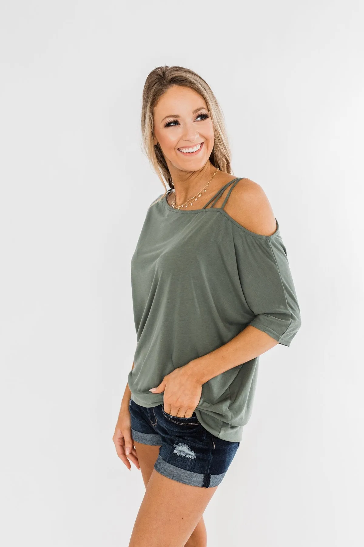 Beautifully You Cold Shoulder Top- Olive