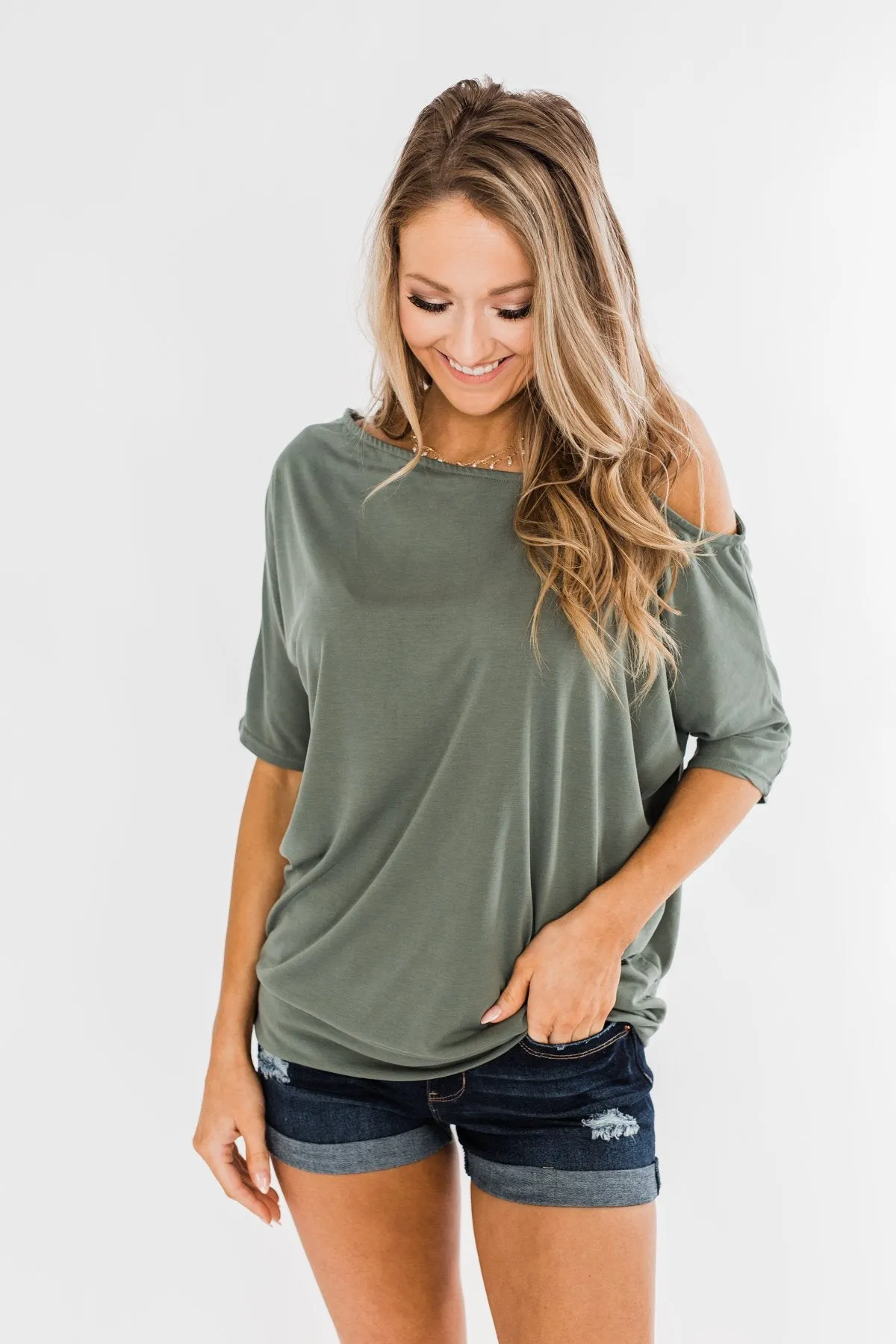 Beautifully You Cold Shoulder Top- Olive