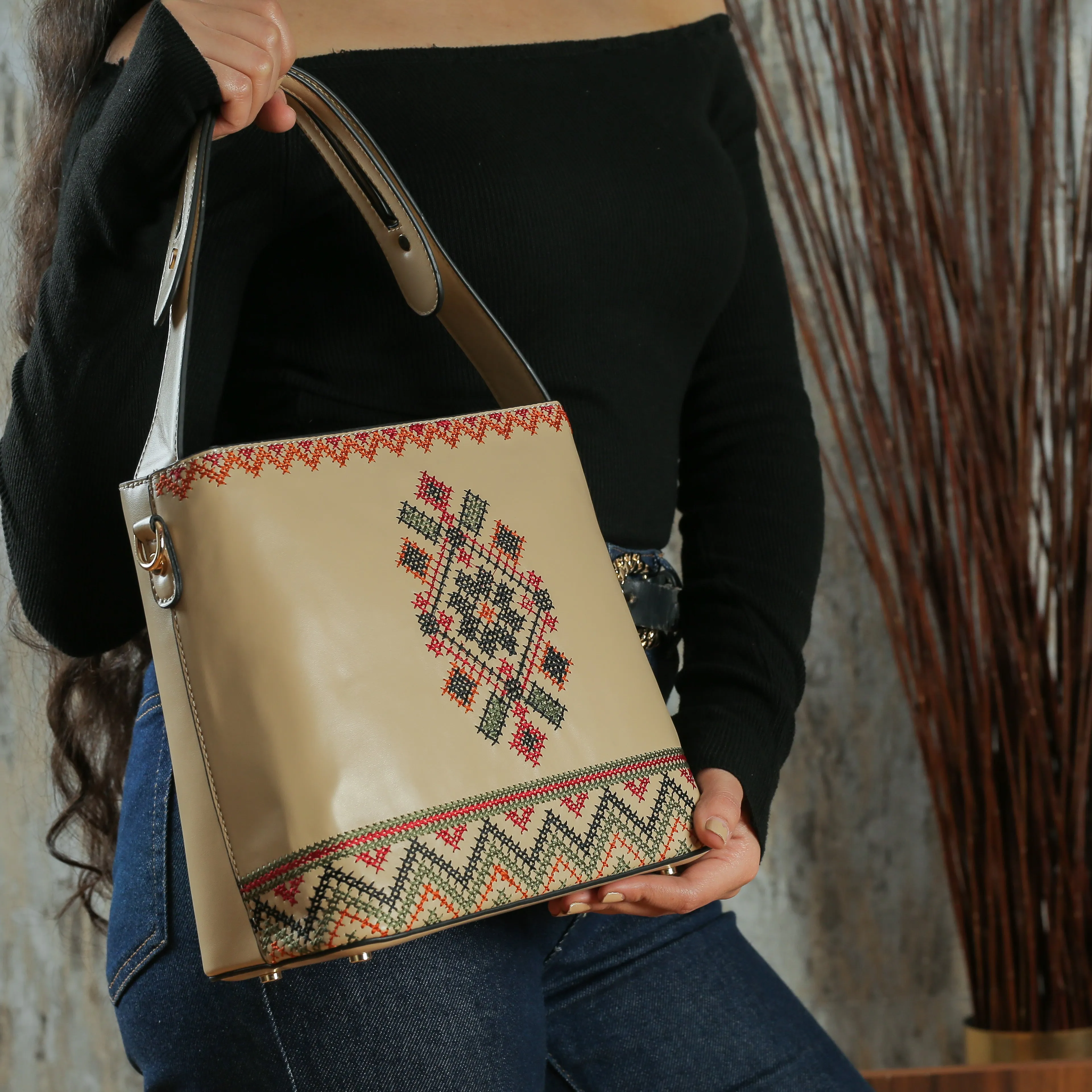 Beige Embroidered Tote Leather Bag