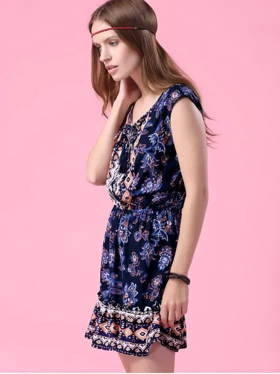 BerryBetty - Cute Printed V-Neck Sleeveless Waisted Dress